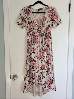 Pink Floral High-Low Maternity Wrap Dress